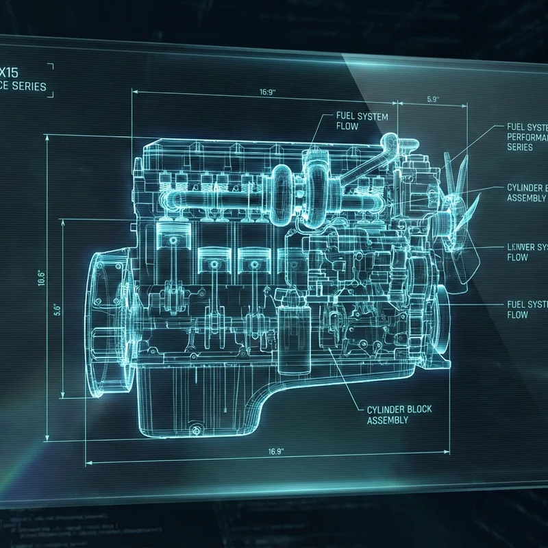 Two mechanics in red uniforms with laptop showing diagnostic data on a diesel rig engine Central Florida